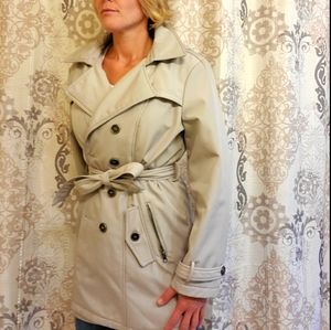 Double Breasted Button, Hooded Soft Shell Jacket with removable hood